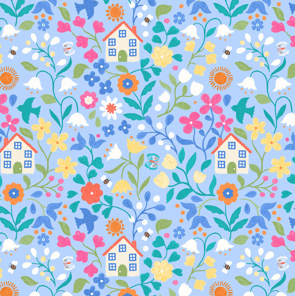 Quilter's Cottage Garden on Light Blue