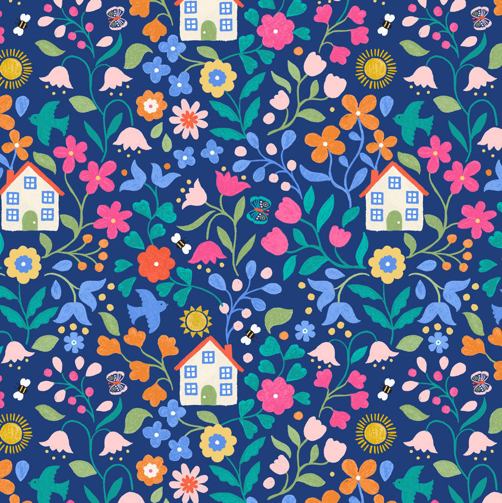 Quilter's Cottage Garden on Navy Blue